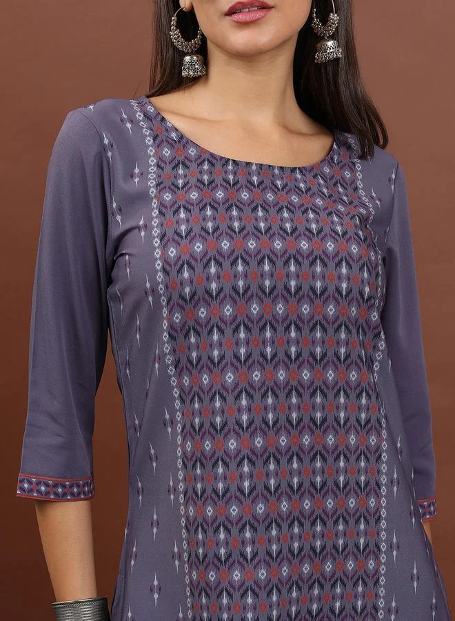Vishudh Vishudh Purple Geometric Printed Round Neck Thread Work Straight Kurta