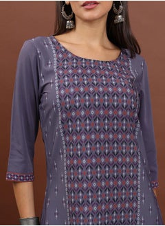 Vishudh Purple Geometric Printed Round Neck Thread Work Straight Kurta  - Image 5