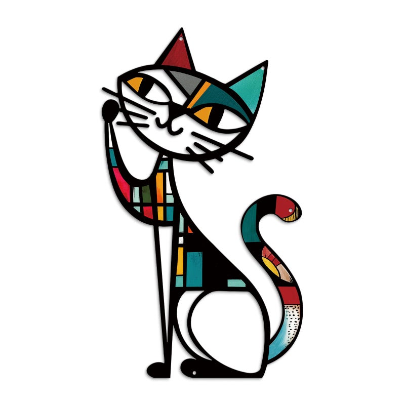 Putuo Decor Cat Metal Wall Decor, Iron Wall Hanging for Cat Lovers, Colorful Mid-Century Geometric Retro Wall Sculpture for Living Room Bedroom Kitchen Office, 13.77 x 9.84 in - Image 1