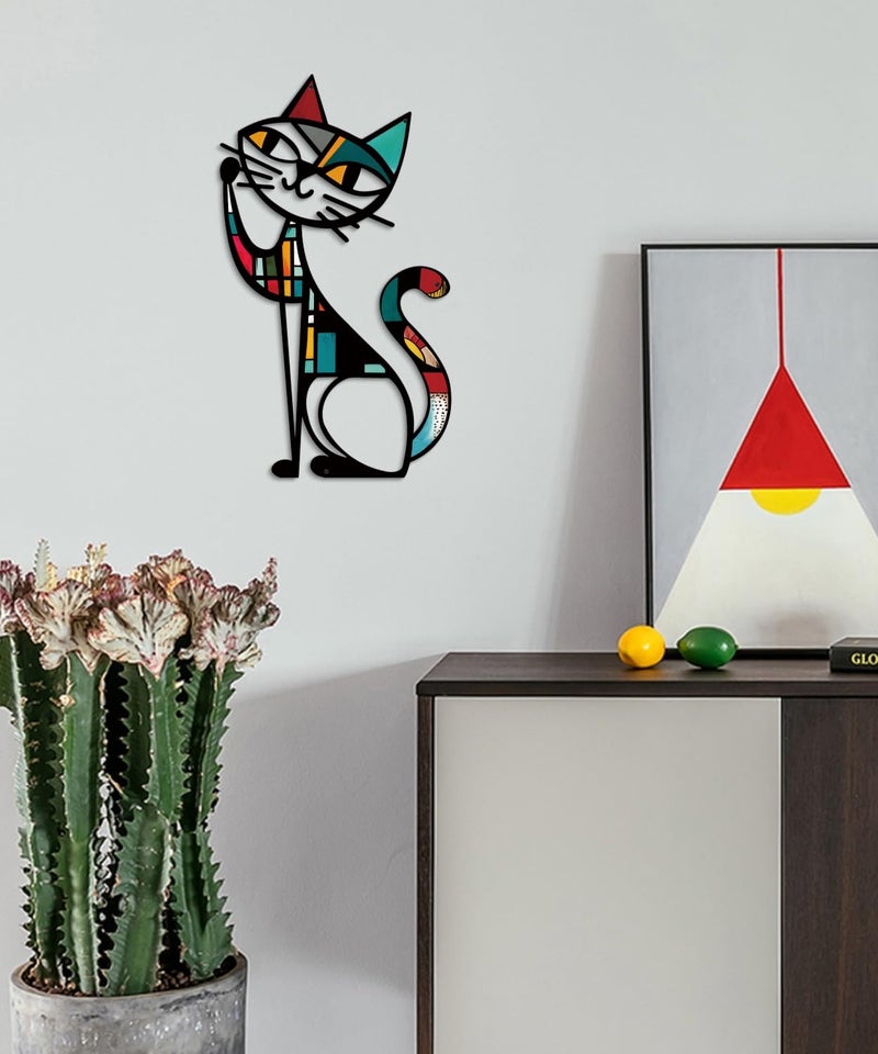 Putuo Decor Cat Metal Wall Decor, Iron Wall Hanging for Cat Lovers, Colorful Mid-Century Geometric Retro Wall Sculpture for Living Room Bedroom Kitchen Office, 13.77 x 9.84 in - Image 3