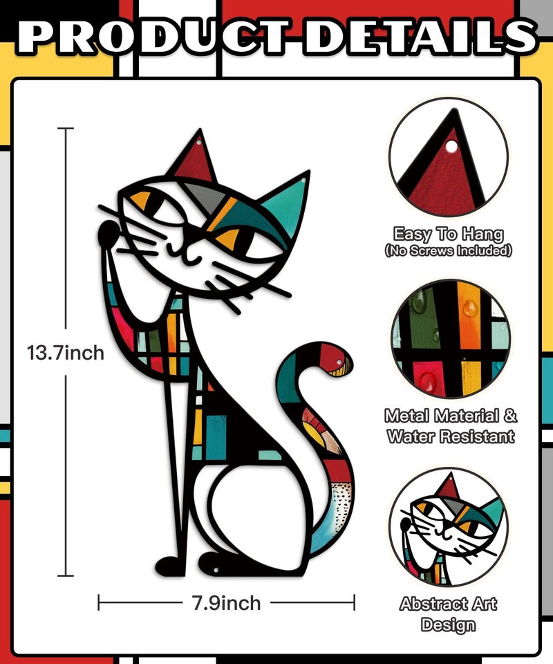 Putuo Decor Cat Metal Wall Decor, Iron Wall Hanging for Cat Lovers, Colorful Mid-Century Geometric Retro Wall Sculpture for Living Room Bedroom Kitchen Office, 13.77 x 9.84 in - Image 2