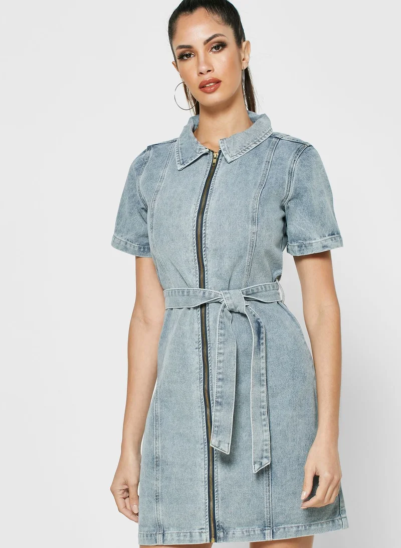 Missguided Tall Zip Up Self Belt Denim Dress