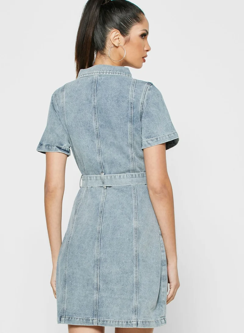 Missguided Tall Zip Up Self Belt Denim Dress