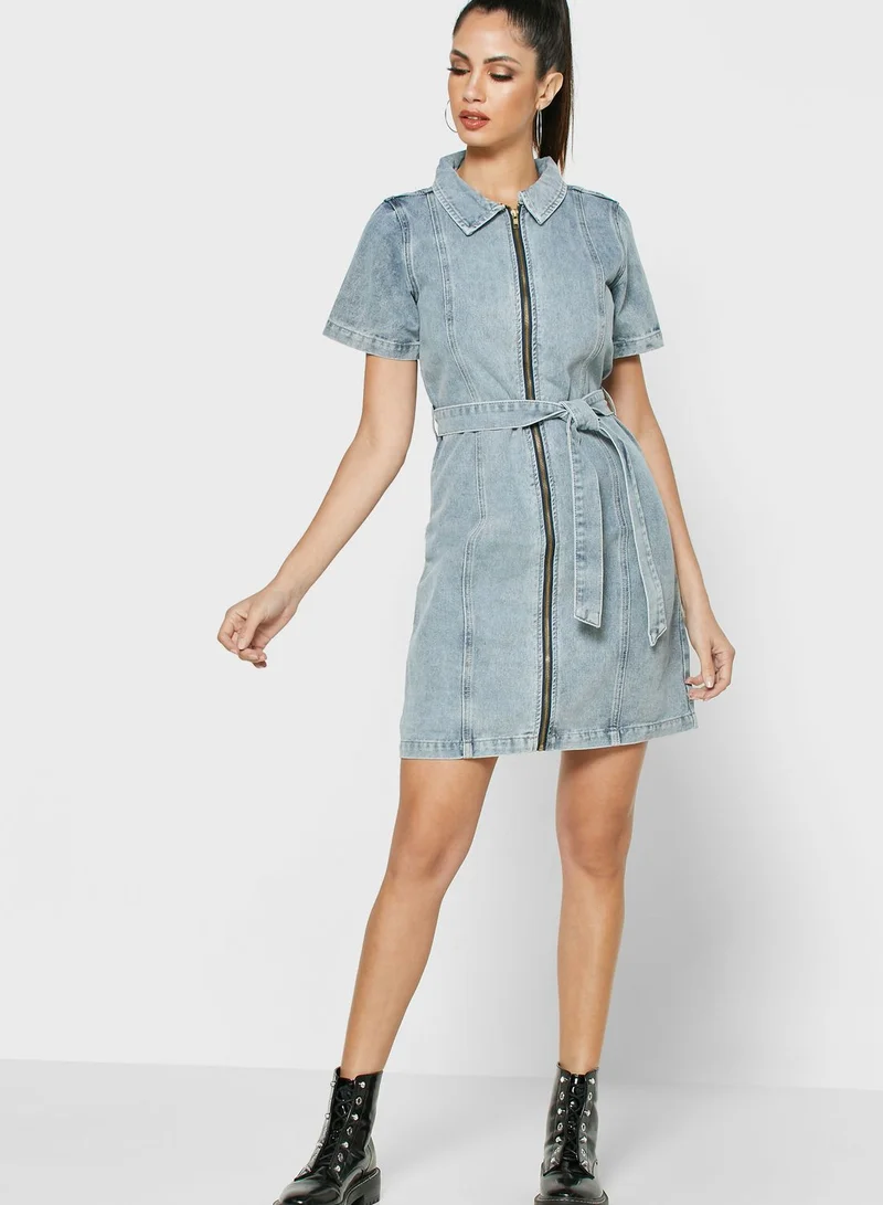 Missguided Tall Zip Up Self Belt Denim Dress