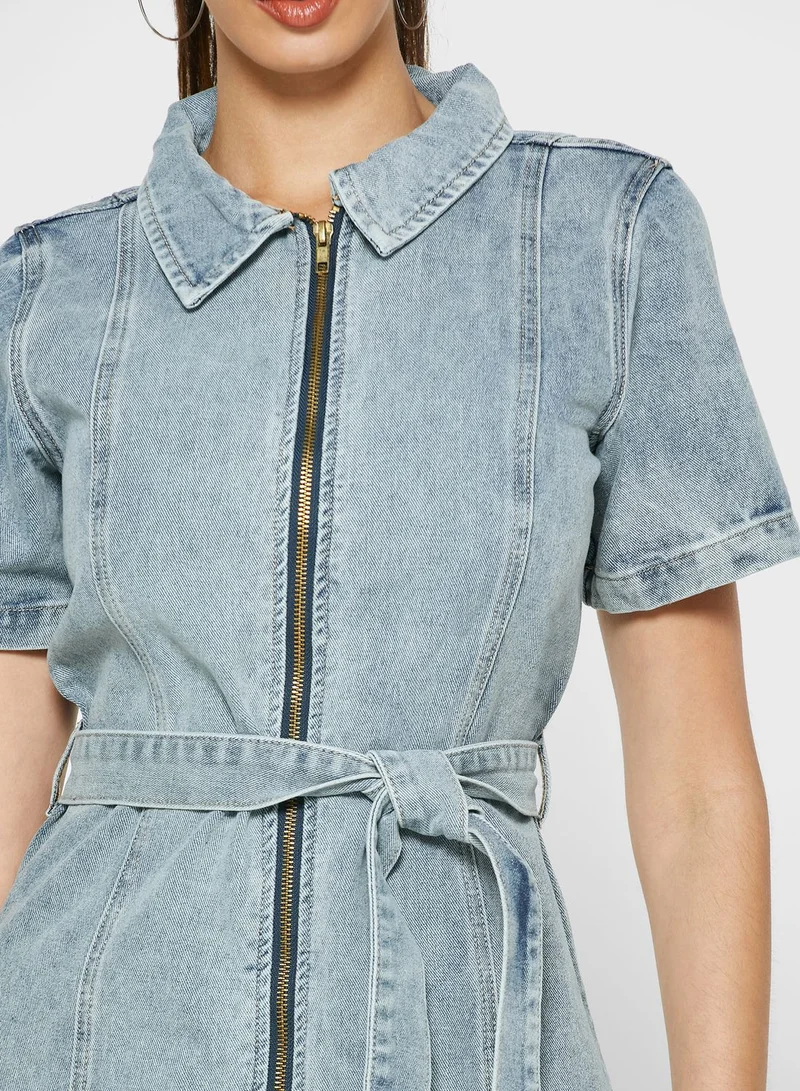 Missguided Tall Zip Up Self Belt Denim Dress