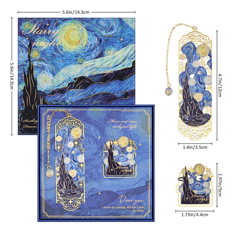 emmoolife Luxury Metal Bookmark & Book Clip Gift Set, Oil Painting Themed Starry Night, 1 Bookmark with Pendant + 1 Book Clip, Elegant Christmas New Year Gift Box for Women Book Lovers Writers Readers Teens - Image 2