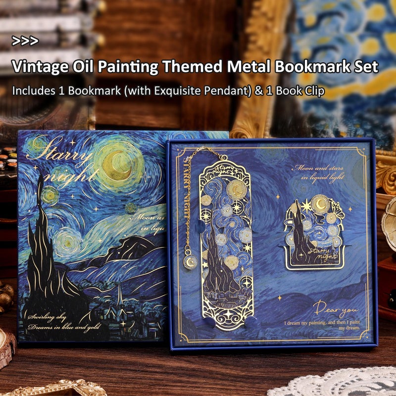 emmoolife Luxury Metal Bookmark & Book Clip Gift Set, Oil Painting Themed Starry Night, 1 Bookmark with Pendant + 1 Book Clip, Elegant Christmas New Year Gift Box for Women Book Lovers Writers Readers Teens - Image 3