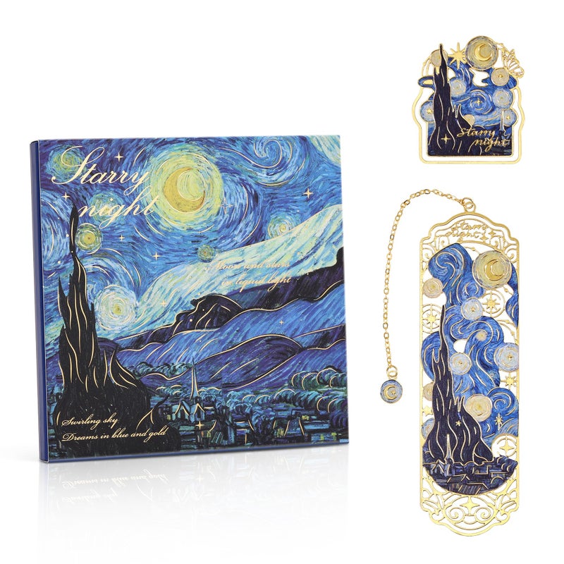 emmoolife Luxury Metal Bookmark & Book Clip Gift Set, Oil Painting Themed Starry Night, 1 Bookmark with Pendant + 1 Book Clip, Elegant Christmas New Year Gift Box for Women Book Lovers Writers Readers Teens - Image 1