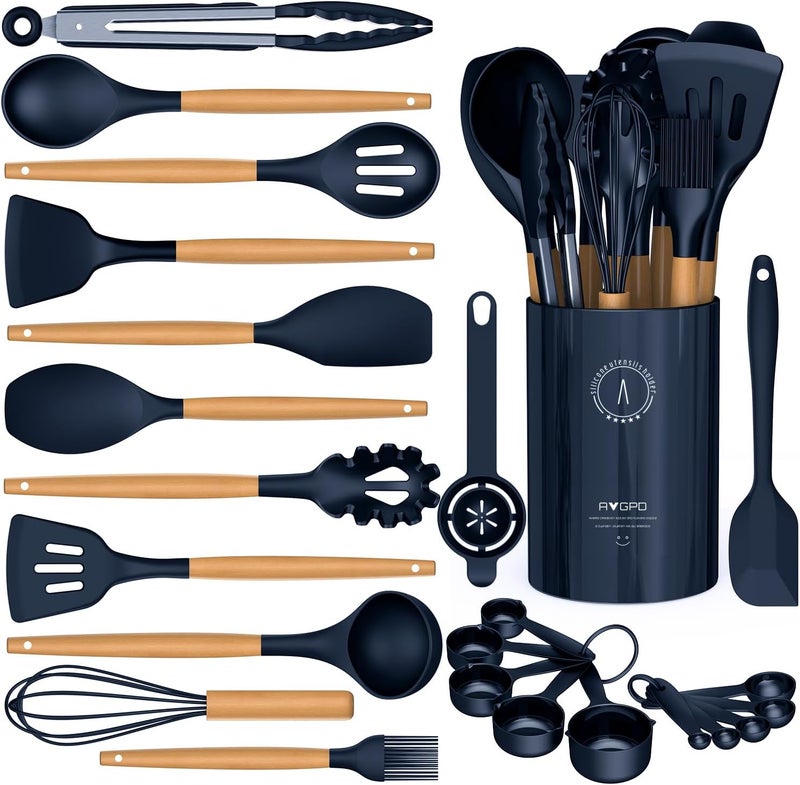 AVGPD Silicone Cooking Utensils Set - Silicone Kitchen Utensils for Cooking Wooden Handles, 446°F Heat Resistant Kitchen Utensil Spatula Sets w Holder, Gadgets for Non-Stick Cookware BPA FREE (Navy Blue) - Image 1