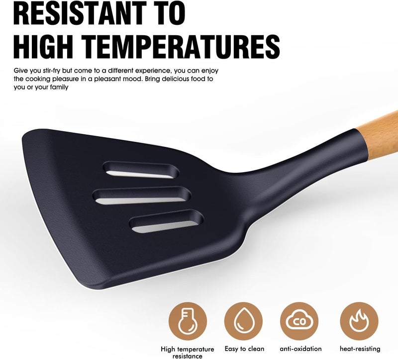 AVGPD Silicone Cooking Utensils Set - Silicone Kitchen Utensils for Cooking Wooden Handles, 446°F Heat Resistant Kitchen Utensil Spatula Sets w Holder, Gadgets for Non-Stick Cookware BPA FREE (Navy Blue) - Image 3
