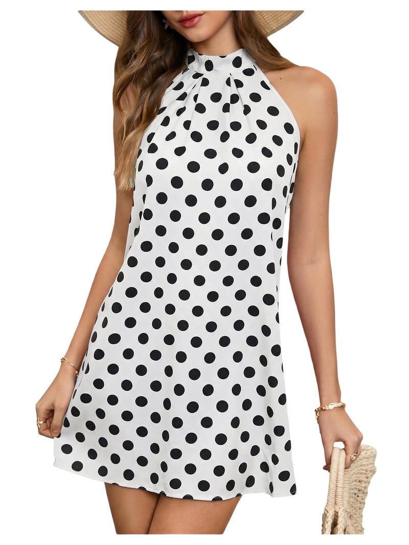 Floerns Women's Sleeveless Floral Print Sundress Halter Neck A Line Short Dress White Polka Dots Medium - Image 1