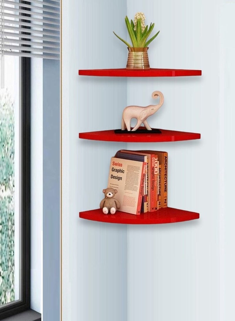 CATANES Corner Wall Shelf Wall Mounted Floating Corner Shelf 3 Tiers Storage Decorative Shelf for Home Decor Living Room Bedroom Bathroom Kitchen Office Red - Image 1