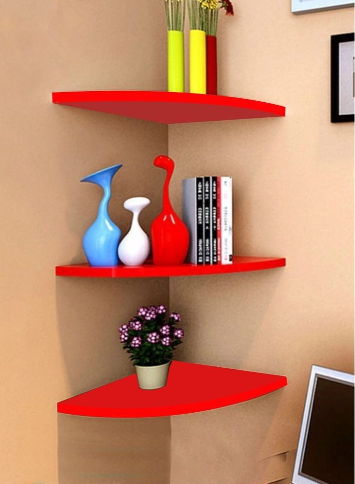 CATANES Corner Wall Shelf Wall Mounted Floating Corner Shelf 3 Tiers Storage Decorative Shelf for Home Decor Living Room Bedroom Bathroom Kitchen Office Red - Image 4