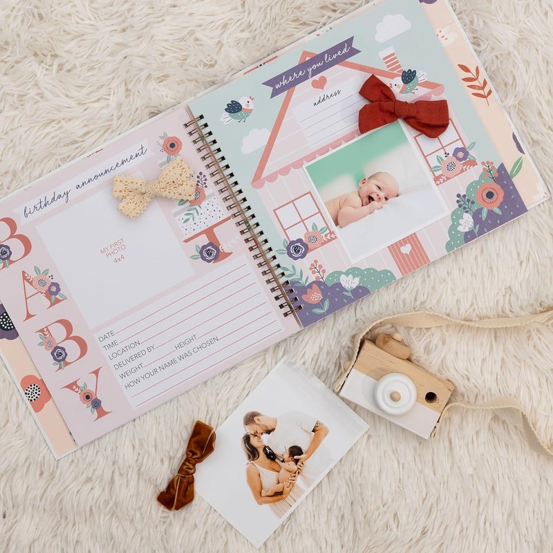 Pondering Pine Baby Journal Memory Book for Girls  Baby Scrapbook Album for First 5 Years Baby Milestone Book  Keepsake for Baby Photos Hardcover Floral - Image 5