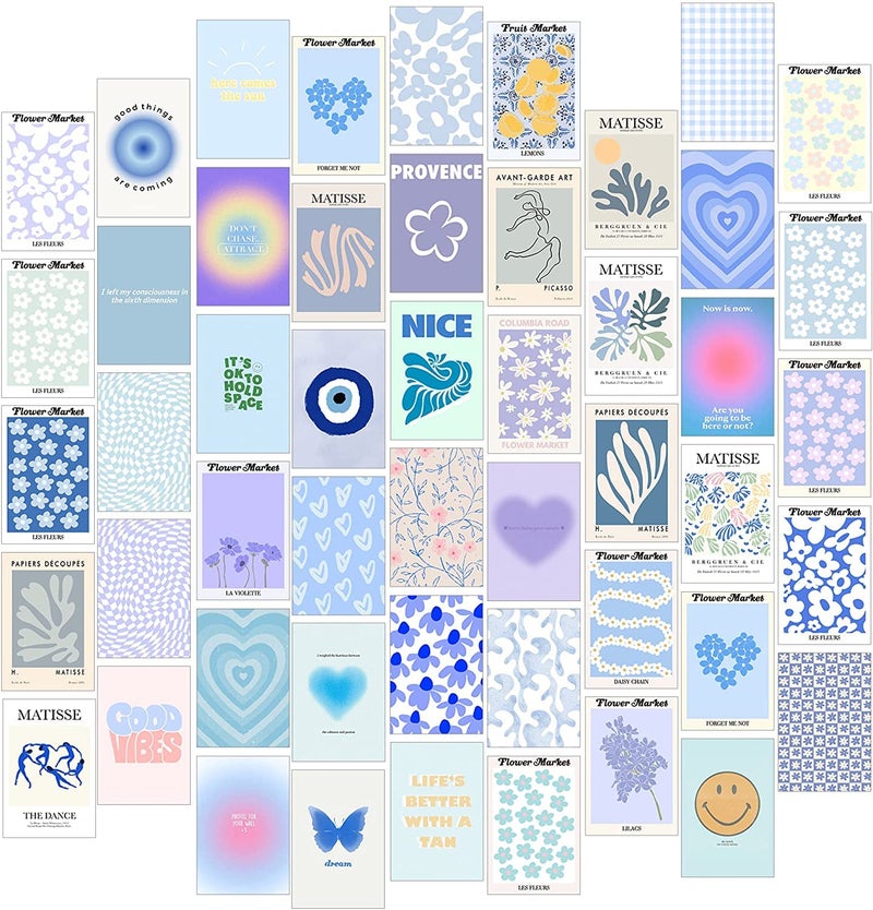 KARTMEN 50 Photo Wall Collage Kit || Danish Pastel Room Decor Aesthetic, 4 x 6 Inches Posters for Wall Decoration - Glue Dots Included- Blue,Paper - Image 1