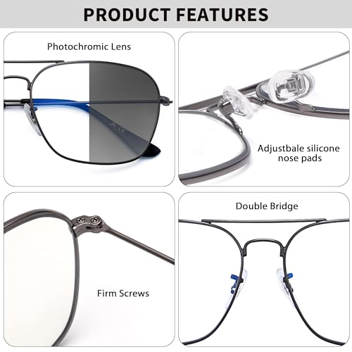 JM Aviator Photochromic Sunglasses, Square Blue Light Blocking Computer Glasses Gunmetal - Image 5