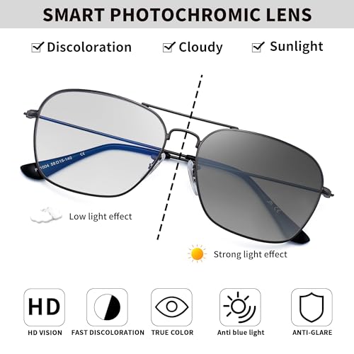 JM Aviator Photochromic Sunglasses, Square Blue Light Blocking Computer Glasses Gunmetal - Image 3