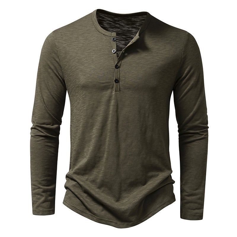 2023 Autumn New Men's slub cotton henley collar long-sleeved T-shirt fashion casual long-sleeved bottoming shirt - Image 1