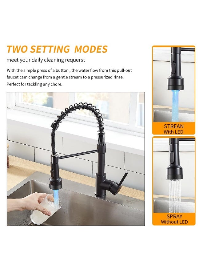 Bukela Kitchen Faucet LED Light, Kitchen Faucets with Pull Down Sprayer 304 Stainless Steel Matte Black Industrial Single Handle Faucet for Farmhouse Camper Laundry Utility Rv Wet Bar Sinks 9003R - Image 3