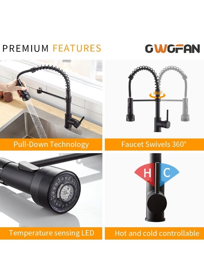 Bukela Kitchen Faucet LED Light, Kitchen Faucets with Pull Down Sprayer 304 Stainless Steel Matte Black Industrial Single Handle Faucet for Farmhouse Camper Laundry Utility Rv Wet Bar Sinks 9003R - Image 5