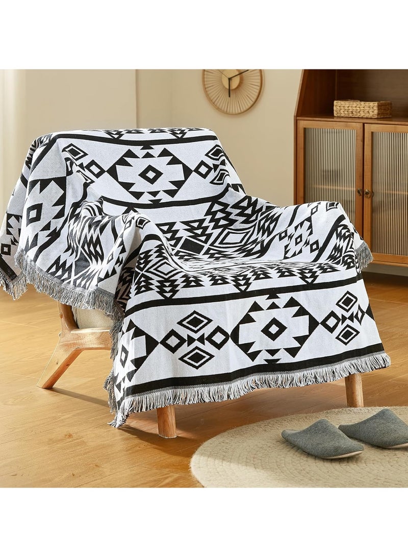 إسكدنيا بطانية بوهيمية - بطانيات زخرفية باللونين الأسود والأبيض مع شرابات، ديكور مزرعة لجميع الفصول، بطانية بوهيمية مطبوعة من الفلانيل للكرسي، السرير، الأريكة، مناسبة لغرفة المعيشة/بطانية خارجية، بطانية نزهة، مكتب، شال قيلولة - Image 2