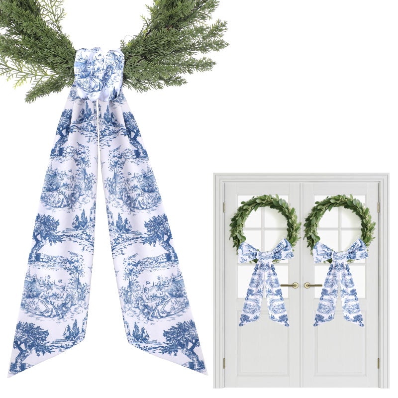 PartyforU Blue French Toile Sash for Wreaths - 2 Pcs Rustic Wreath Sashes for Front Door Kitchen Cabinet, Wreath Sash for Monogram Embroidery Farmhouse Home Decor - Image 1