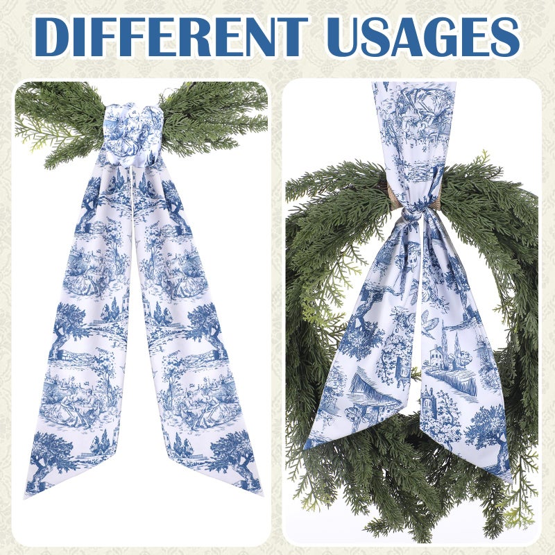 PartyforU Blue French Toile Sash for Wreaths - 2 Pcs Rustic Wreath Sashes for Front Door Kitchen Cabinet, Wreath Sash for Monogram Embroidery Farmhouse Home Decor - Image 5