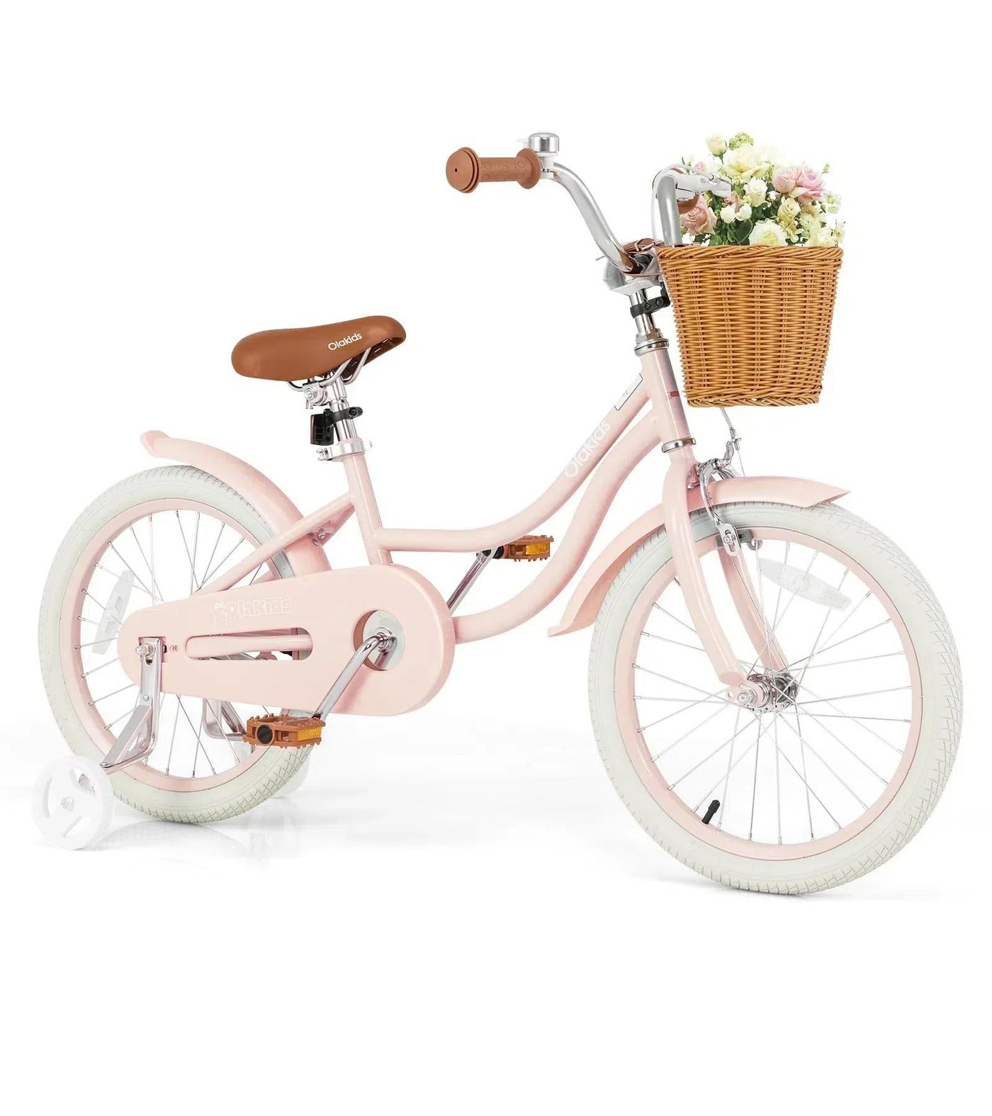 Olakids Kids Bike, 12 14 16 18 Inch Toddlers Bike with Training Wheels Rattan Basket Safety Bell Adjustable Seat and Handlebar, Children's Bicycle for Girls Boys Age 3-8