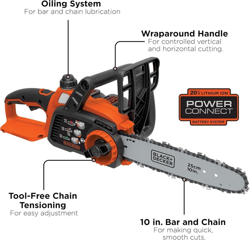 BLACK+DECKER 20V MAX Chain Saw Cordless Chainsaw, 10-Inch Battery Chainsaw, Tool Only, for Wood Cutting and Tree Pruning, Includes Guide Bar Scabbard (LCS1020B) - Image 2