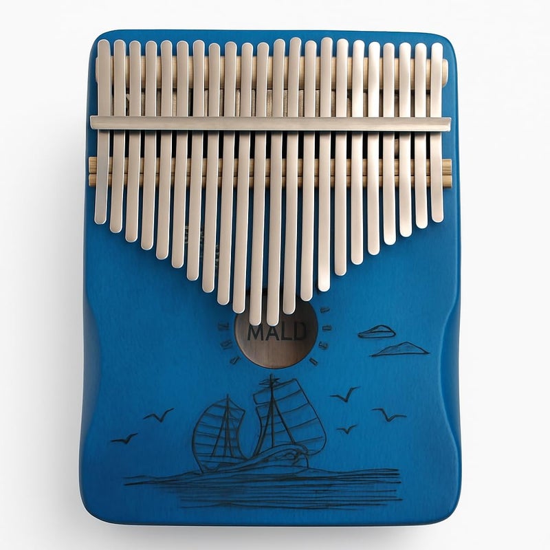 Palap Kalimba Thumb 21 Keys Piano with Engraved Notes, Blue Ship, Sea Breeze Melody, Sailing Ship on the Sea - Image 1