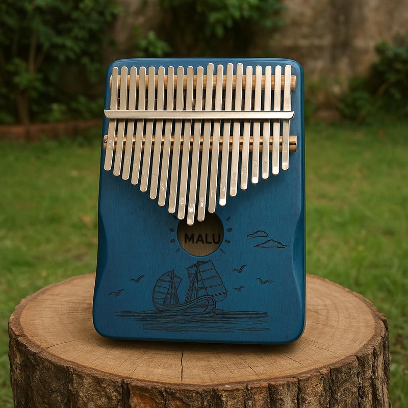 Palap Kalimba Thumb 21 Keys Piano with Engraved Notes, Blue Ship, Sea Breeze Melody, Sailing Ship on the Sea - Image 3