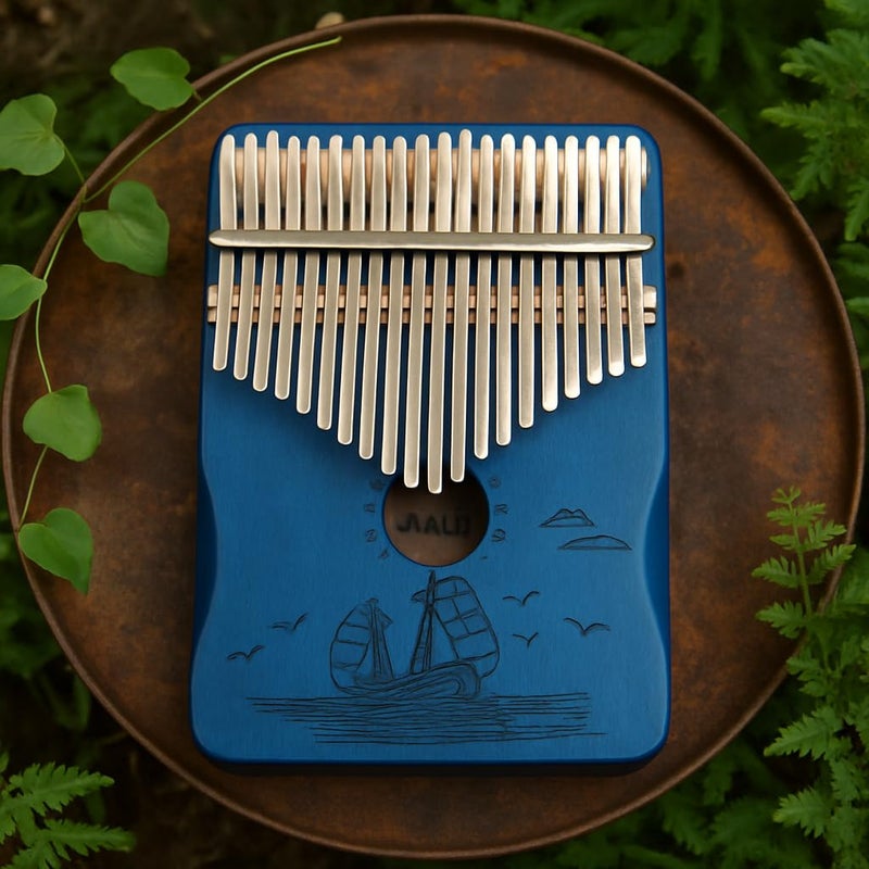 Palap Kalimba Thumb 21 Keys Piano with Engraved Notes, Blue Ship, Sea Breeze Melody, Sailing Ship on the Sea - Image 2