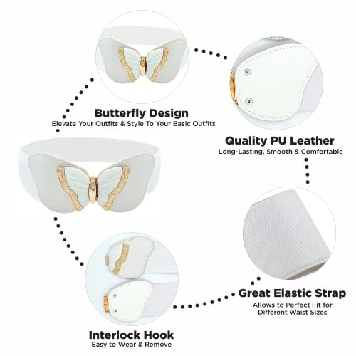 REDHORNS Elastic Fabric Waist Belt for Women Dresses Butterfly Design Stretchy Wide Ladies Belt for Saree Girls Jeans - Free Size (LD83J_White) - Image 3