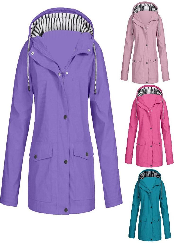 Eckek - Women Solid Rain Jacket Outdoor Plus Size Waterproof Hooded Raincoat Windproof - Image 1