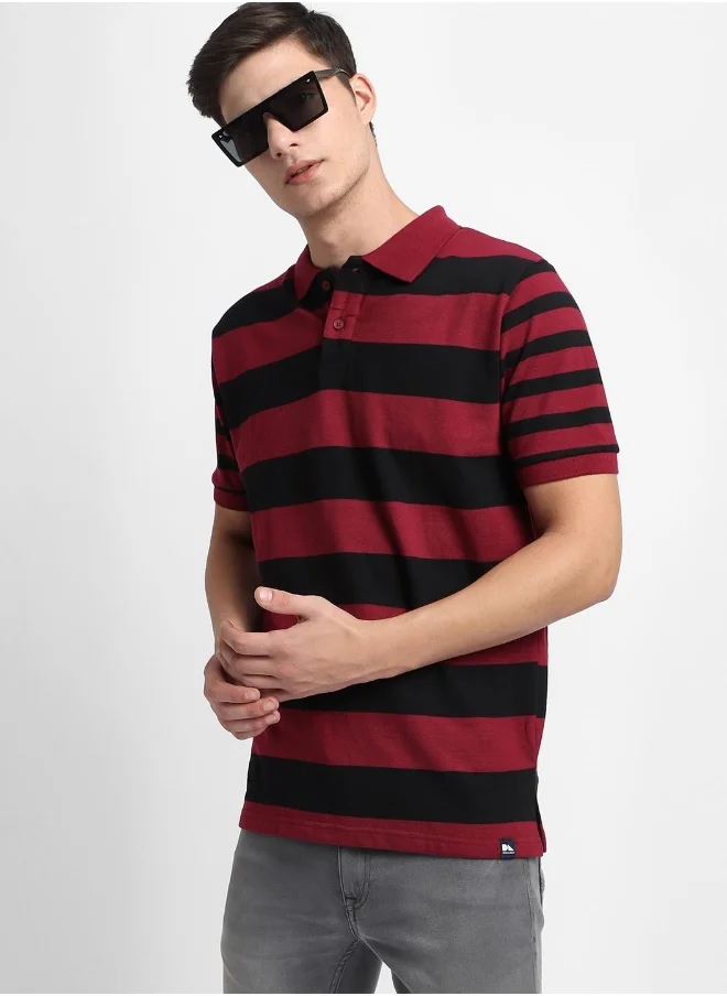 Dennis Lingo Maroon Slim Fit Striped Polo Collar T-shirt for Men - 100% Cotton, Short Sleeve, Casual