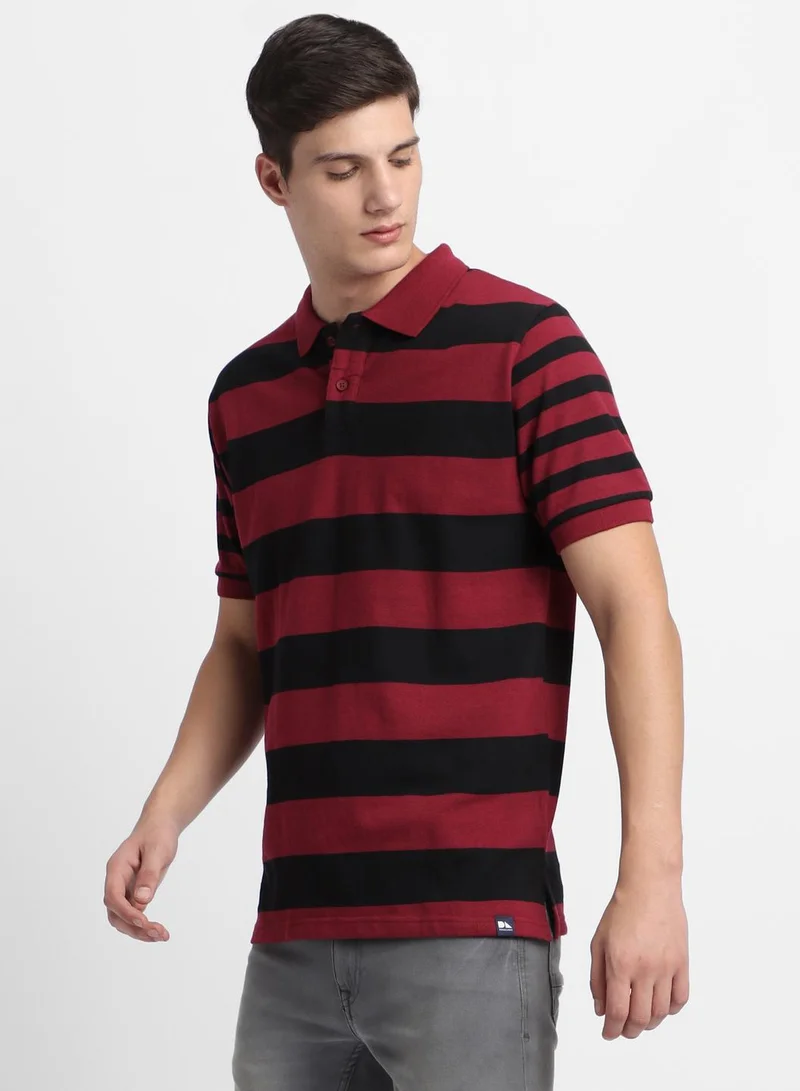 دينيس لينغو Maroon Slim Fit Striped Polo Collar T-shirt for Men - 100% Cotton, Short Sleeve, Casual