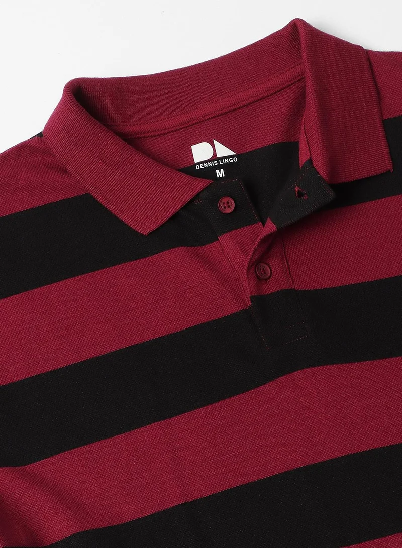 دينيس لينغو Maroon Slim Fit Striped Polo Collar T-shirt for Men - 100% Cotton, Short Sleeve, Casual