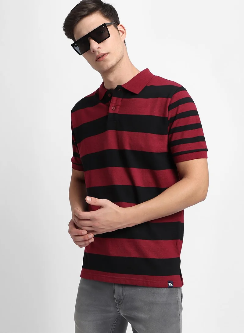 دينيس لينغو Maroon Slim Fit Striped Polo Collar T-shirt for Men - 100% Cotton, Short Sleeve, Casual