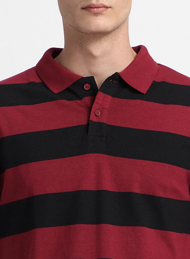 دينيس لينغو Maroon Slim Fit Striped Polo Collar T-shirt for Men - 100% Cotton, Short Sleeve, Casual