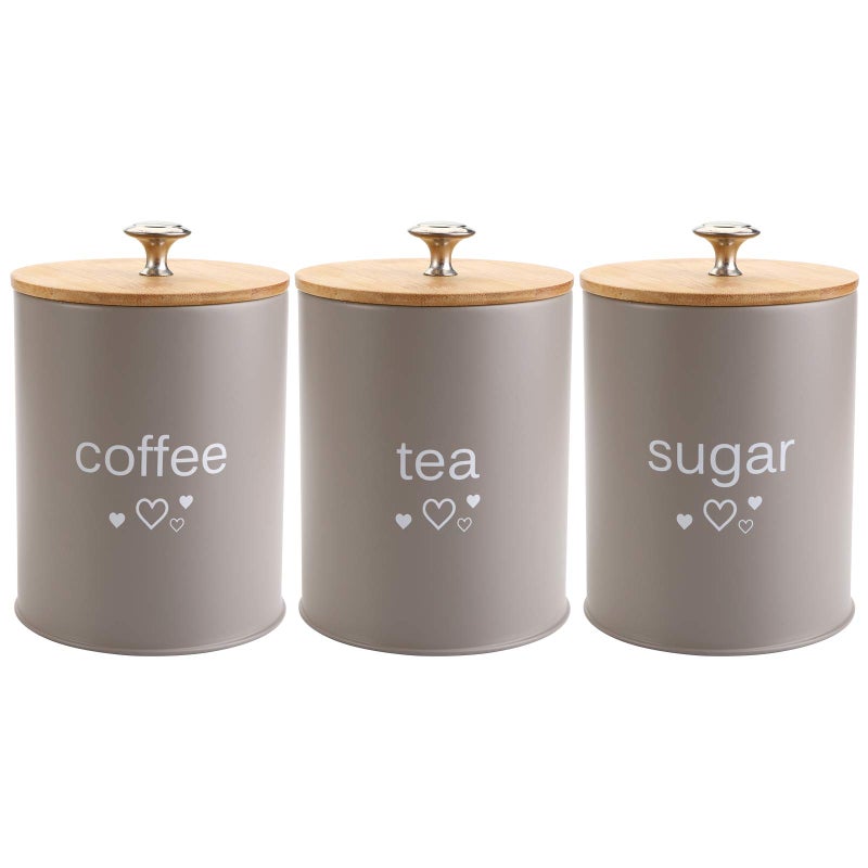 Fasmov Set of 3 Kitchen Canister Set Coffee Sugar and Tea Storage Container Jars with Bamboo Lids for storing Sugar Coffee and Tea Gray