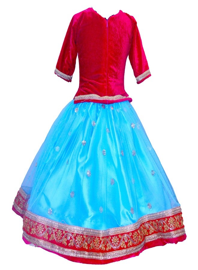 HIBA _Baby Girls winter ethnic wear lehenga choli set with velvet blouse and sequence bottom with duptta set 4-5 years Pink and sky blue - Image 4