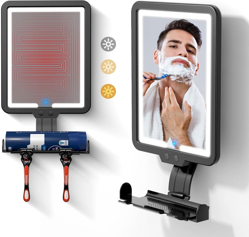 Junyaoxuan Heated Anti-Fog Shower Shaving Mirror,9.5*8 Inch LED Shower Mirror Fogless for Shaving with 3 color modes,Dimmable Shaving Mirror with Storage Tray and Razor Holder,Hanging Rechargeable Shower Mirror - Image 1
