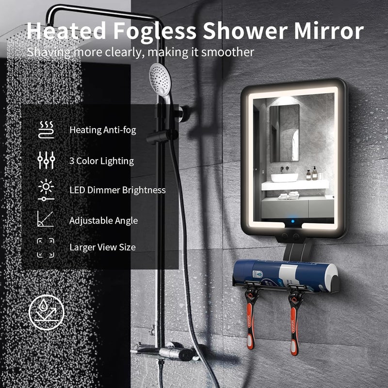 Junyaoxuan Heated Anti-Fog Shower Shaving Mirror,9.5*8 Inch LED Shower Mirror Fogless for Shaving with 3 color modes,Dimmable Shaving Mirror with Storage Tray and Razor Holder,Hanging Rechargeable Shower Mirror - Image 2