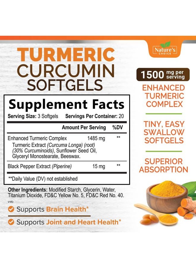 Nature's Choice Turmeric Curcumin Supplement 1500mg - Superior Absorption Tumeric Extract Softgel with Black Pepper - Curcuminoids Antioxidant Herbal Supplement, Joint Support for Women & Men, Non-GMO - 60 Softgels - Image 2