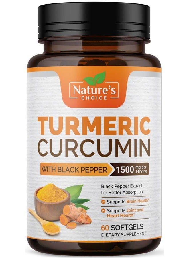 Nature's Choice Turmeric Curcumin Supplement 1500mg - Superior Absorption Tumeric Extract Softgel with Black Pepper - Curcuminoids Antioxidant Herbal Supplement, Joint Support for Women & Men, Non-GMO - 60 Softgels - Image 1