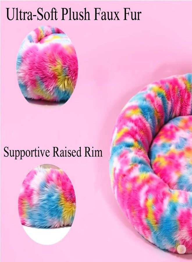 Click2Store Round Donut Pet Bed for Cats, Puppies, and Dogs, Cozy and Plush, Raised Bedside Support, Both Sides Use Like 2-in-1, Washable, Sizes for Small and Medium Pets cat Bed Rainbow (20 Inch) - Image 3