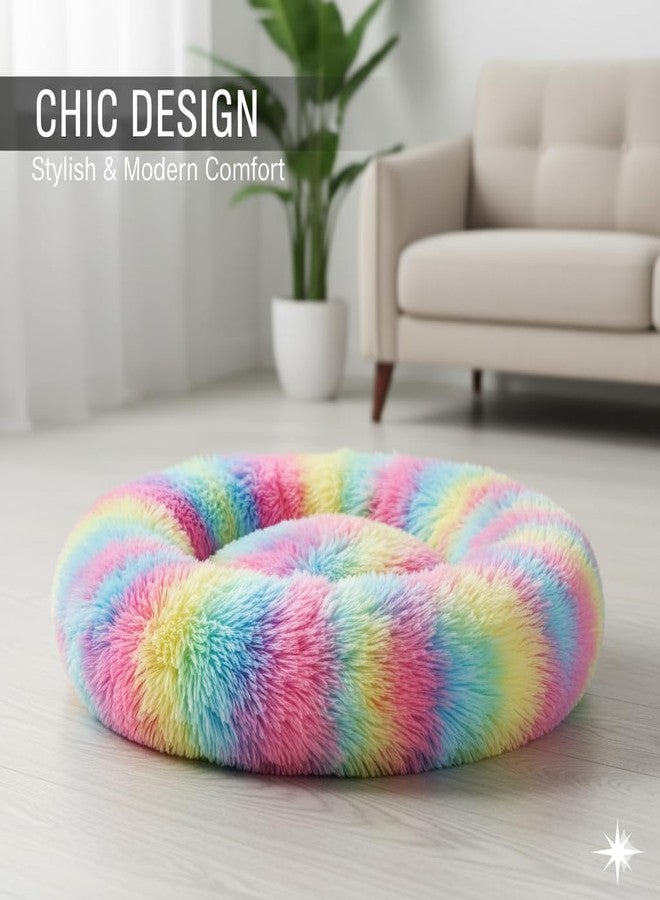 Click2Store Round Donut Pet Bed for Cats, Puppies, and Dogs, Cozy and Plush, Raised Bedside Support, Both Sides Use Like 2-in-1, Washable, Sizes for Small and Medium Pets cat Bed Rainbow (20 Inch) - Image 5