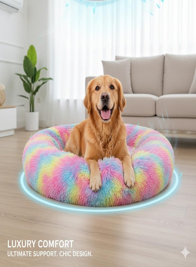 Click2Store Round Donut Pet Bed for Cats, Puppies, and Dogs, Cozy and Plush, Raised Bedside Support, Both Sides Use Like 2-in-1, Washable, Sizes for Small and Medium Pets cat Bed Rainbow (20 Inch) - Image 2