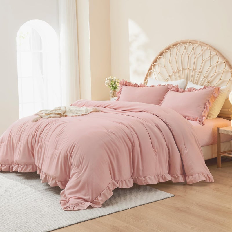 Litanika Full Size Comforter Sets, 3 Pieces Blush Pink Ruffle Girls Women Cute Bedding Comforters & Sets, Lightweight Fluffy Microfiber as Gift (79x90In Comforter & 2 Pillowcases) - Image 3
