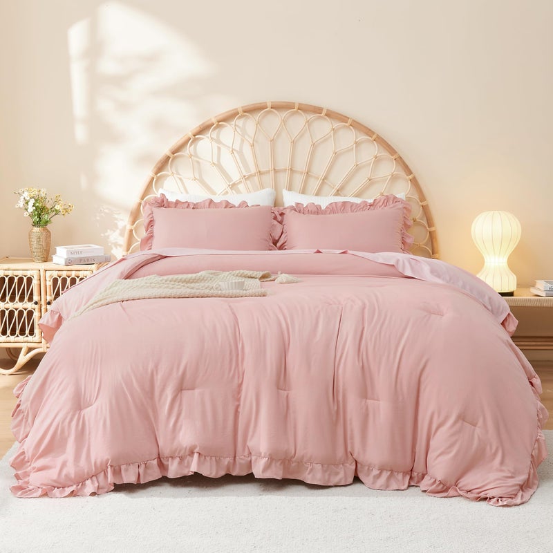 Litanika Full Size Comforter Sets, 3 Pieces Blush Pink Ruffle Girls Women Cute Bedding Comforters & Sets, Lightweight Fluffy Microfiber as Gift (79x90In Comforter & 2 Pillowcases) - Image 1